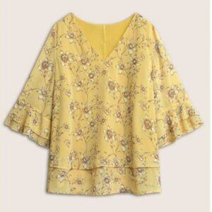 BloomChic Plus Size Daffodils Print Tiered Ruffle Sleeve Mesh Blouse